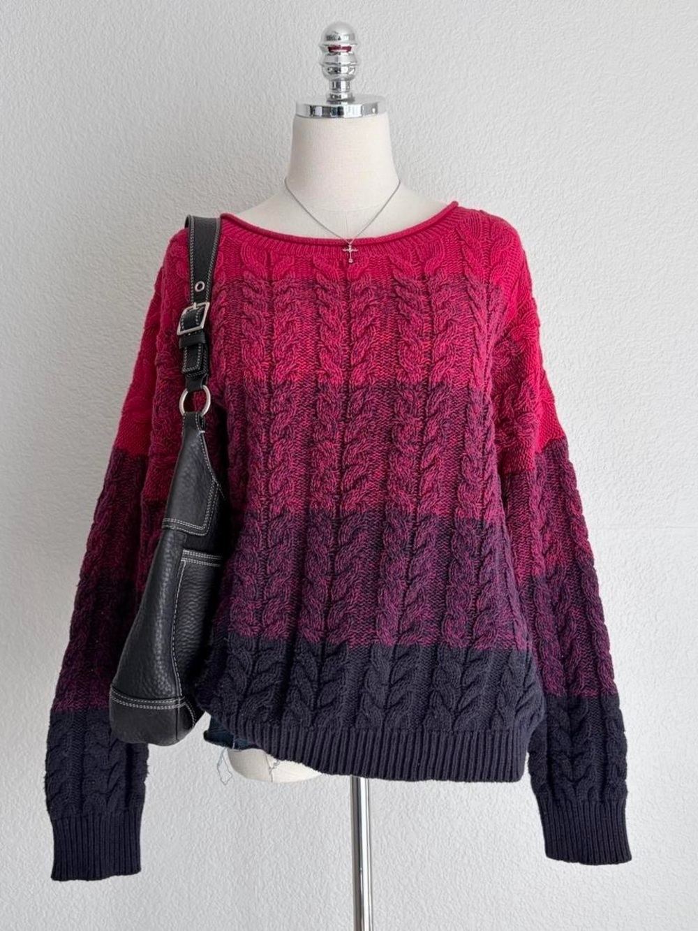 Liz Claiborne Ombre Cable Crewneck Sweater in Pink and Black